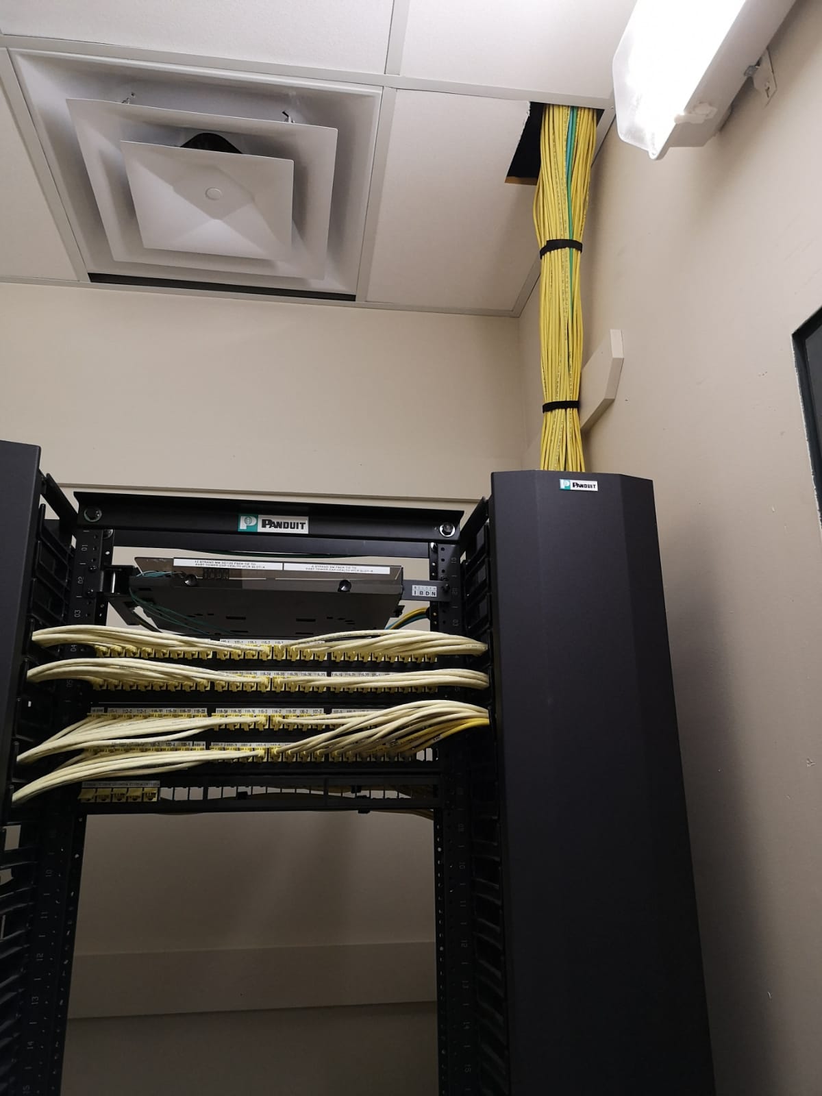 Rack-mounted fiber patch panels with labeled cabling in telecom room