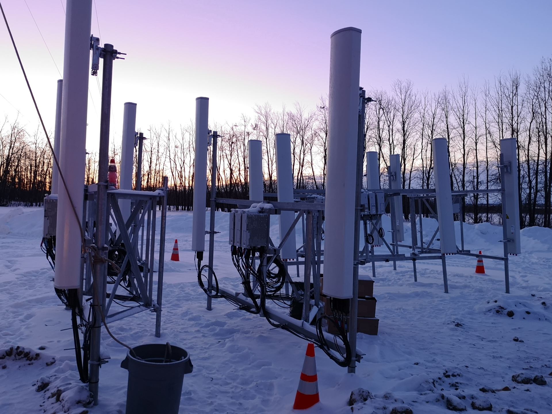 Telecommunications antenna site at sunset
